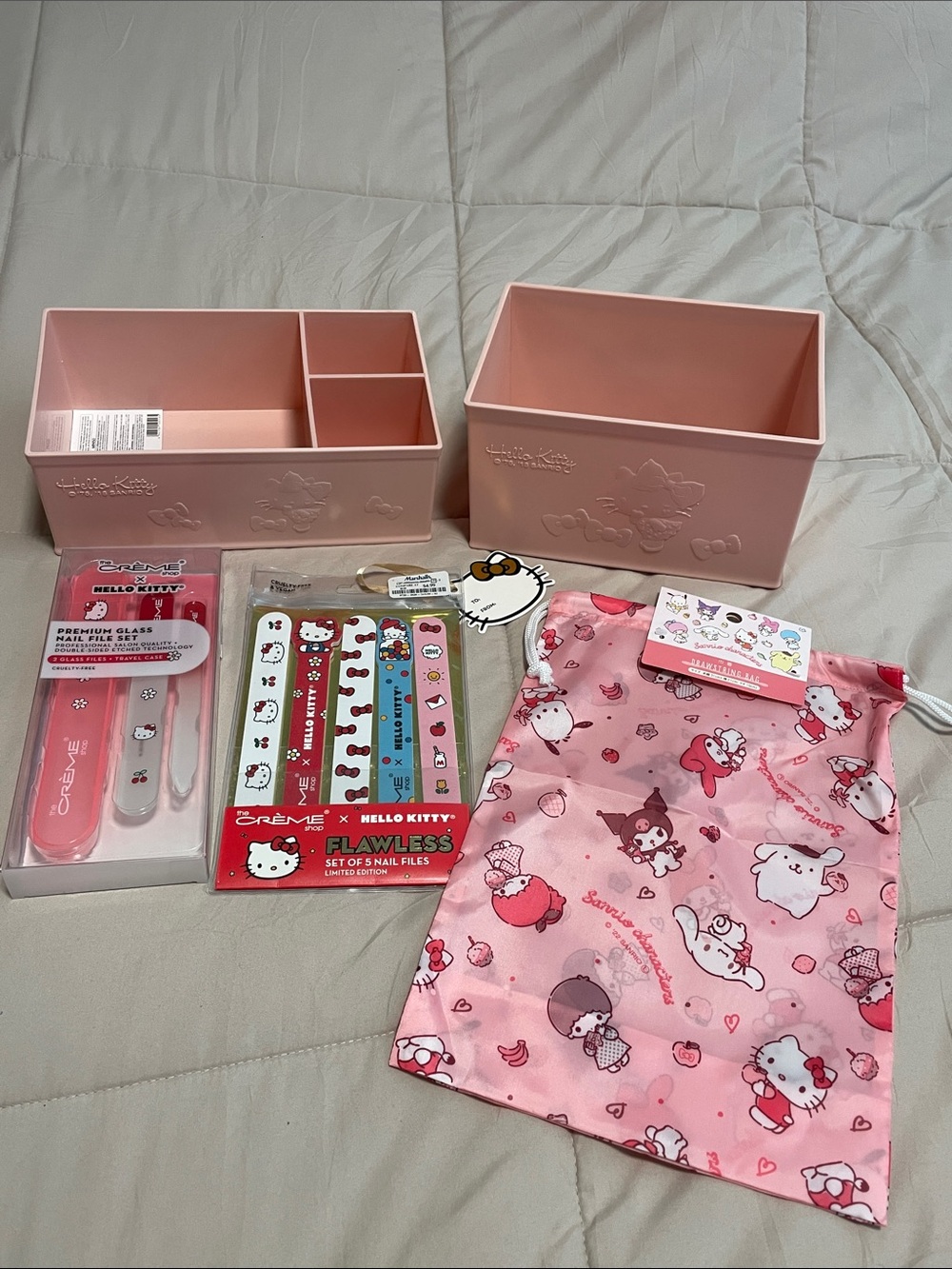 Hello Kitty Pink Bundle w/Organizer Boxes w/Nail Care Set & Drawstring Pouch NWT
